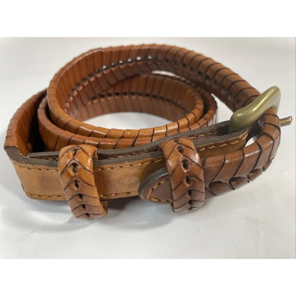 Tan Brown Braided Leather Belt Brass Buckle Women's Size 34 65106